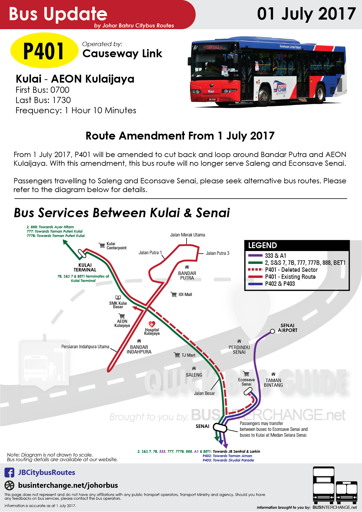 Route amendment poster of Bas Muafakat Johor P401. with a diagram for buses around Kulai and Senai.